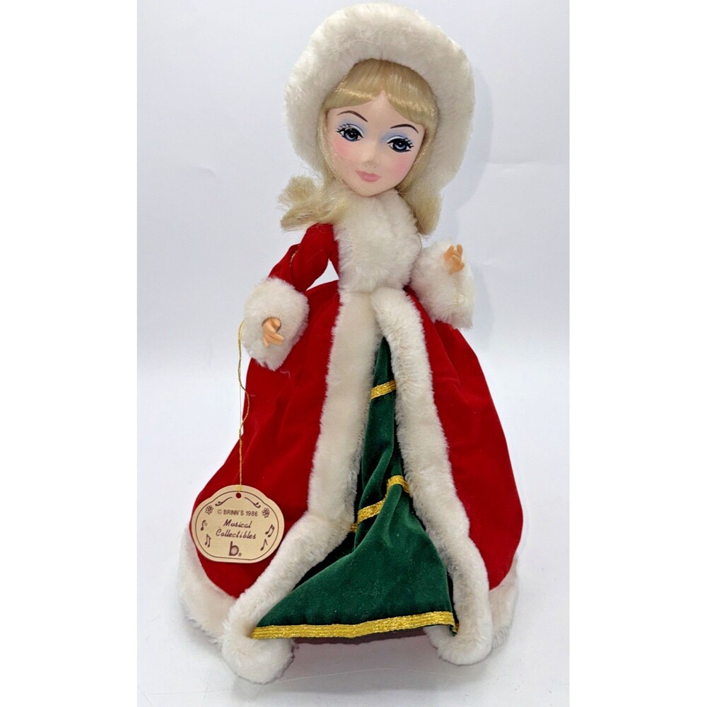 Vintage Brinn's Christmas Doll Music Box White Christmas & Rotates Works 12”